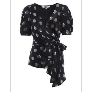 Diane von Furstenberg Top Wrap Blouse Black Silver Polka Dot Size 12
